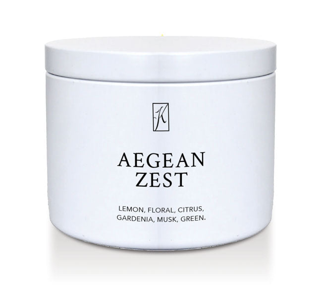 White tin container labeled 'Aegean Zest' with a brand logo on a white background