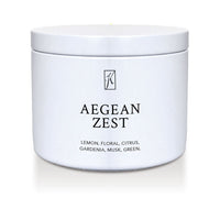 White tin container labeled 'Aegean Zest' with a brand logo on a white background