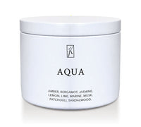 White candle tin container labeled 'Aqua' with a brand logo on a white background