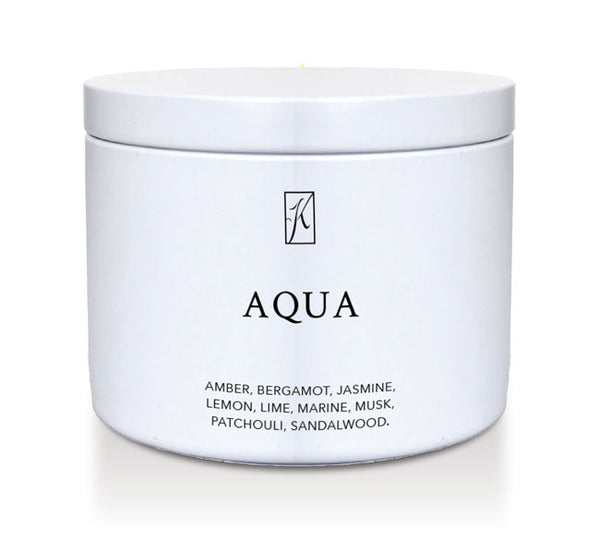 White candle tin container labeled 'Aqua' with a brand logo on a white background