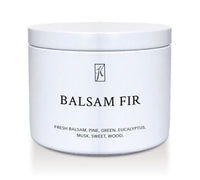 White candle jar labeled 'Balsam Fir' with a logo on a white background