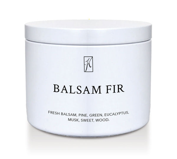 White candle jar labeled 'Balsam Fir' with a logo on a white background