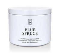 White candle jar labeled 'Blue Spruce' on a white background