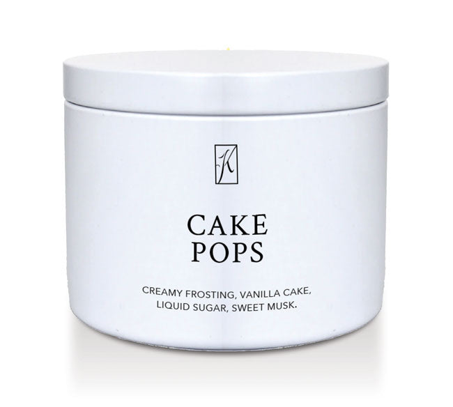 White candle tin container with 'Cake Pops' text on a white background.
