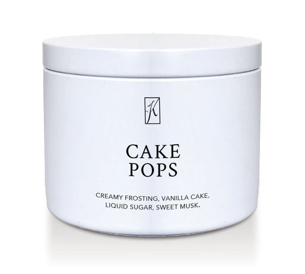 White candle tin container with 'Cake Pops' text on a white background.