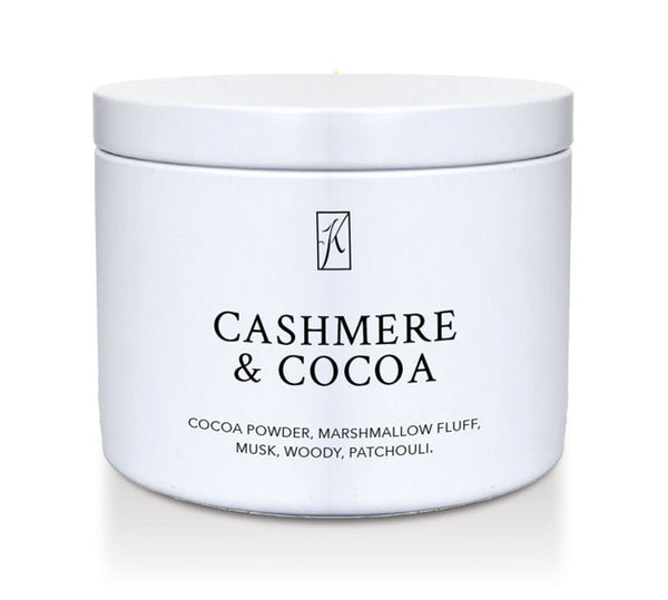 Jar of cashmere and cocoa powder with brand logo on a white background