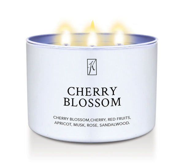 'Cherry Blossom' scented candle in a white tin on a white background by Kringle Candle