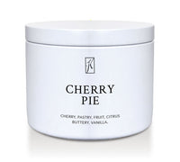 White tin container with 'K' logo and 'Cherry Pie' candle description on a white background by Kringle Candle.