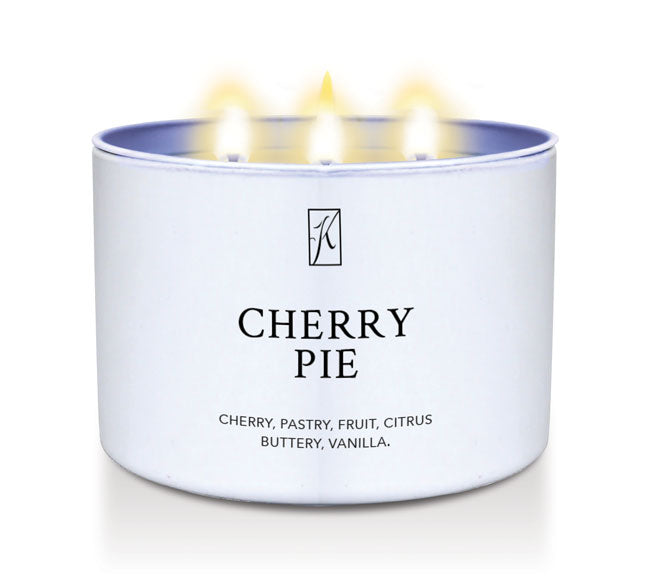 Candle in a white tin container labeled 'Cherry Pie' with a Kringle Candle logo on a white background.