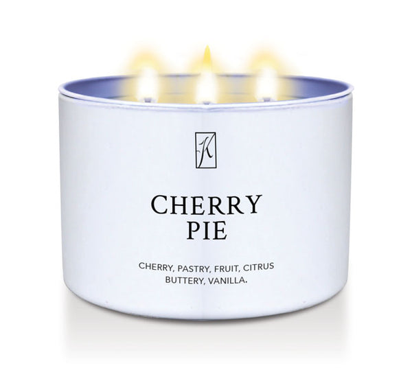 Candle in a white tin container labeled 'Cherry Pie' with a Kringle Candle logo on a white background.