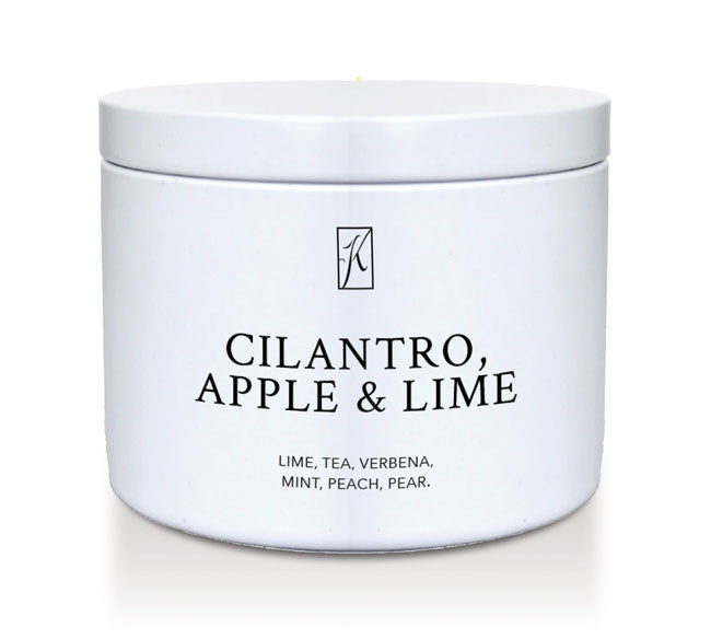 White tin container with text 'Cilantro, Apple & Lime' on a white background | Candle tin by Kringle Candle