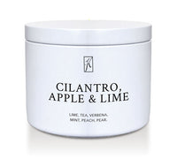 White tin container with text 'Cilantro, Apple & Lime' on a white background | Candle tin by Kringle Candle