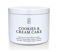  'Cookies & Cream Cake' candle in a tin container on a white background.
