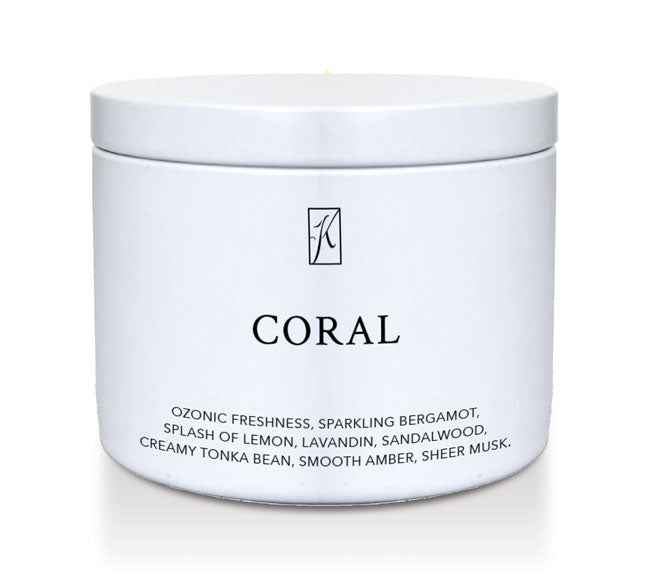 White tin candle container with 'K' logo and 'Coral' text on a white background.