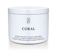 White tin candle container with 'K' logo and 'Coral' text on a white background.