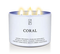 Candle in a white tin container with 'K' logo and 'CORAL' text on a white background by Kringle Candle.