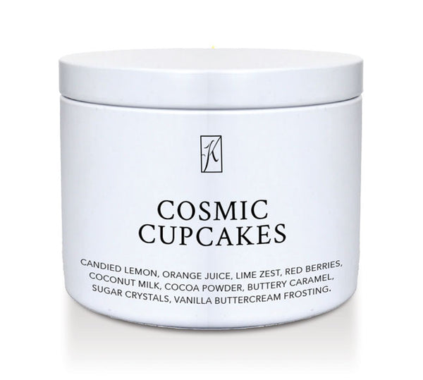 Candle Tin of 'Cosmic Cupcakes' Scented candle with a white background by Kringle Candle