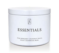 'Essentials' scented candle in a white limited edition candle tin with a Kringle Candle logo on a white background