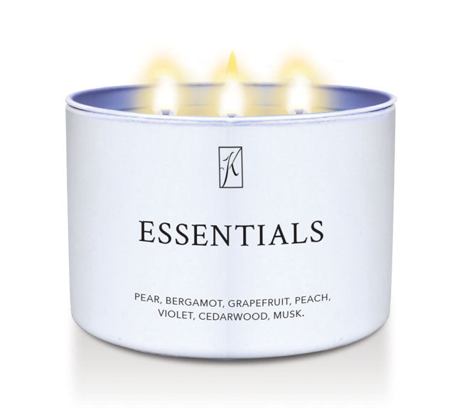 'Essentials' scented candle in a white limited edition candle tin with a Kringle Candle logo on a white background