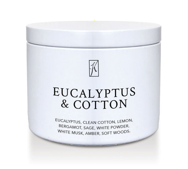 Jar of candle with 'Eucalyptus & Cotton' fragrance on a white background