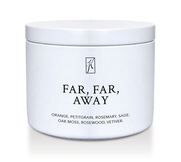 White container with 'Far, Far, Away' text and brand logo on a white background