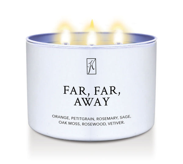Candle in a white container labeled 'Far, Far, Away' with a logo on a white background