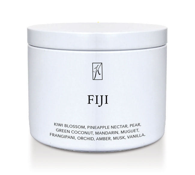 White tin container with 'FIJI' branding and fragrance description on a white background.