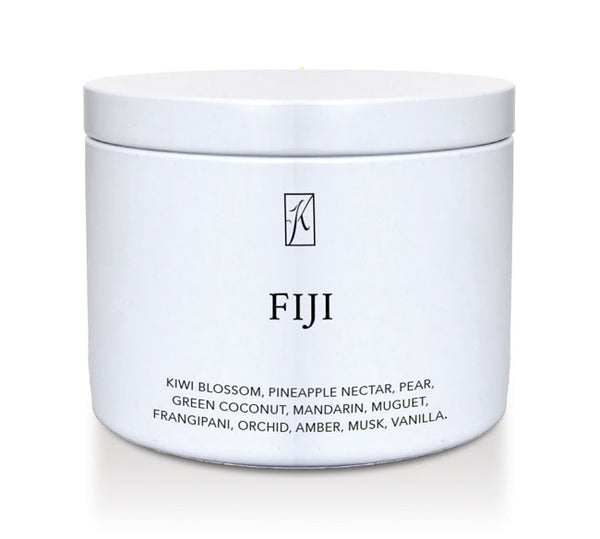 White tin container with 'FIJI' branding and fragrance description on a white background.