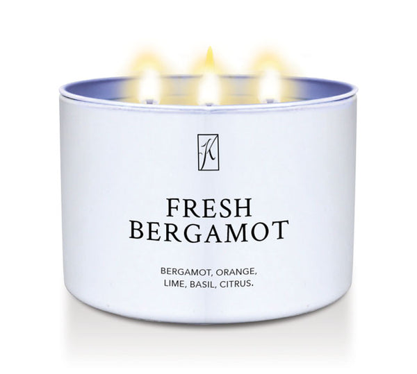 White candle tin container labeled 'Fresh Bergamot' with a Kringle Candle logo on a white background
