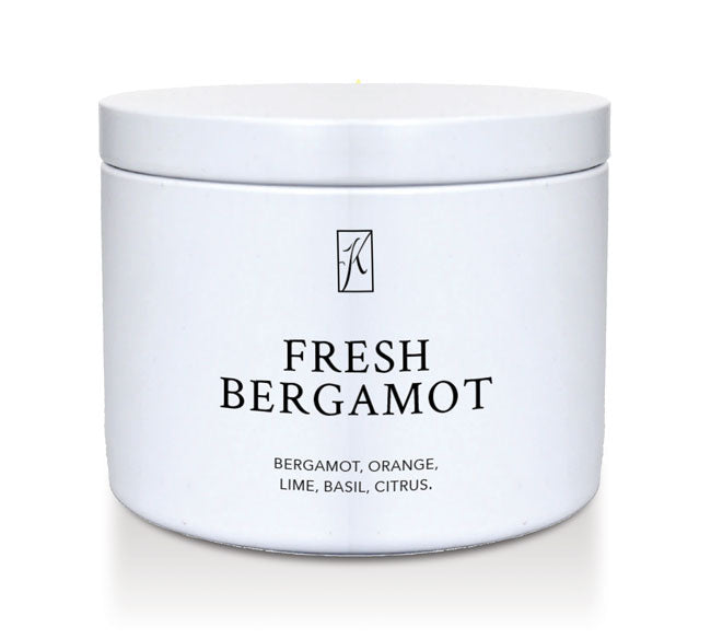 White candle tin container labeled 'Fresh Bergamot' with a Kringle Candle logo on a white background