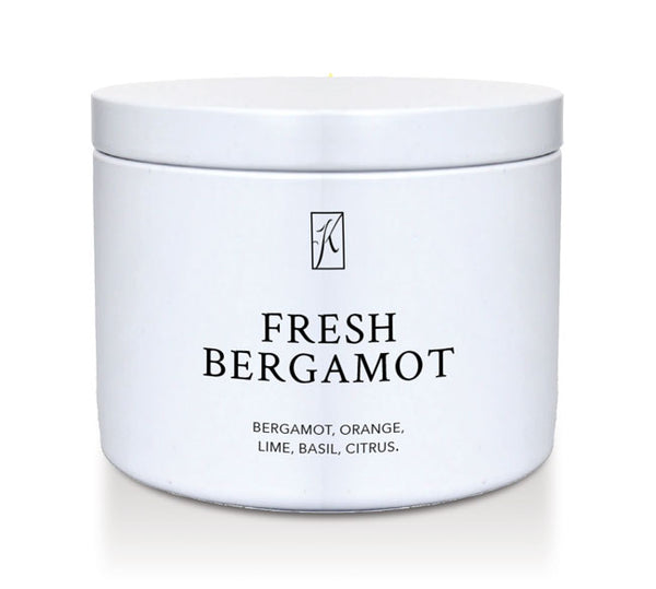 White candle tin container labeled 'Fresh Bergamot' with a Kringle Candle logo on a white background
