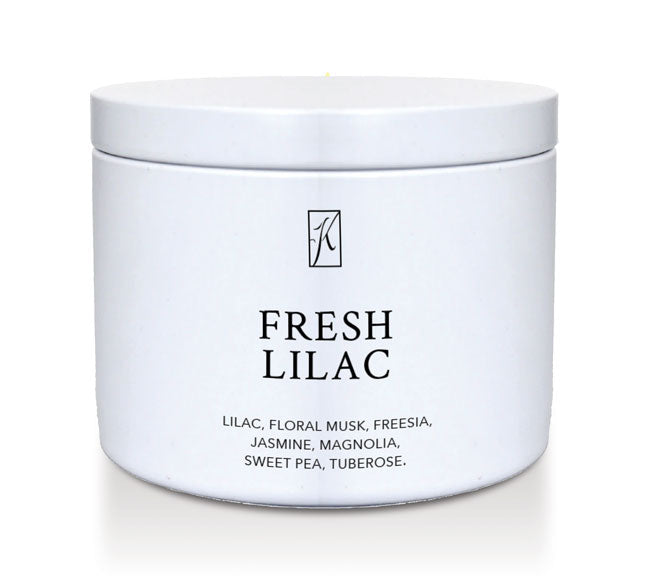Fresh Lilac Candle Tin with brand logo on a white background