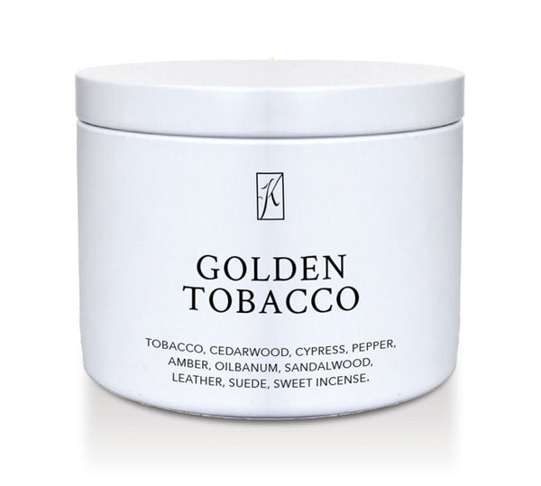 White container of 'Golden Tobacco' fragrance with brand logo on a white background