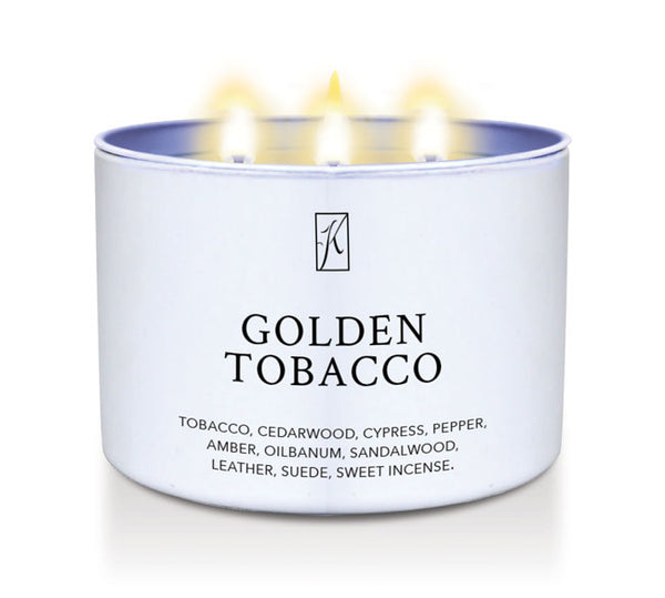 Candle in a white container labeled 'Golden Tobacco' with a logo on a white background