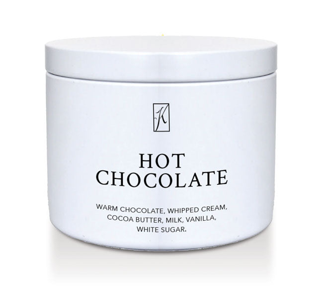 Candle tin of 'Hot Chocolate' on a white background