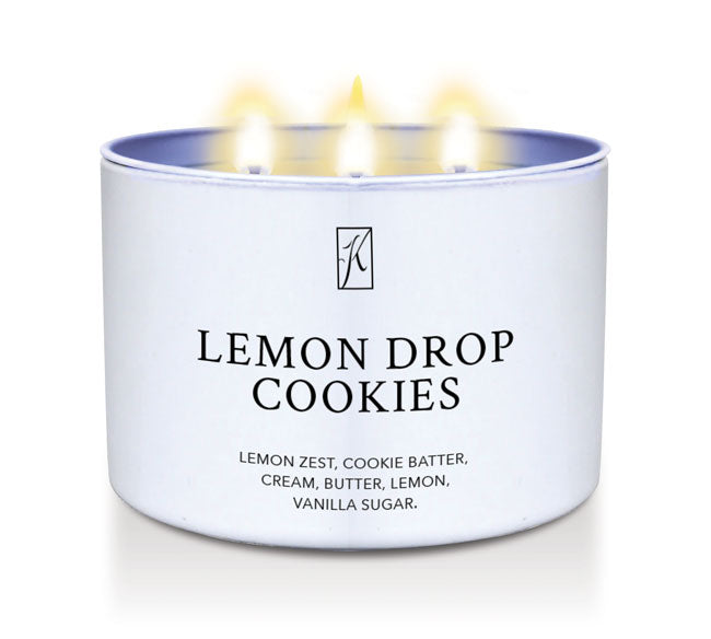 Lemon Drop Cookies' scented candle in a tin container on a white background by Kringle Candle