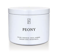 White tin container with 'PEONY' branding and product description on a white background by Kringle Candle.