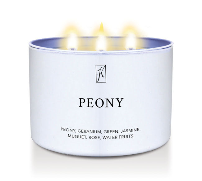 Candle in a white tin container labeled 'Peony' with a logo on a white background.