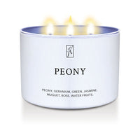 Candle in a white tin container labeled 'Peony' with a logo on a white background.