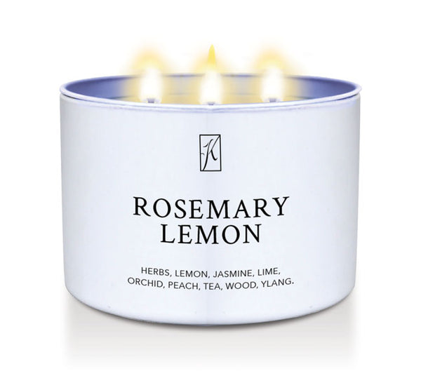 Candle in a white container labeled 'Rosemary Lemon' with a logo on a white background
