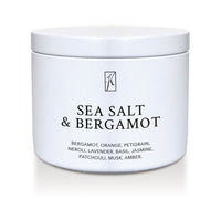 White candle tin labeled 'Sea Salt & Bergamot' on a white background by Kringle Candle