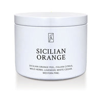 White tin candle container with 'Sicilian Orange' fragrance description on a white background