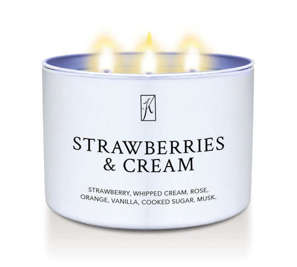 Candle in a container labeled 'Strawberries & Cream' with a Kringle Candle logo on a white background.