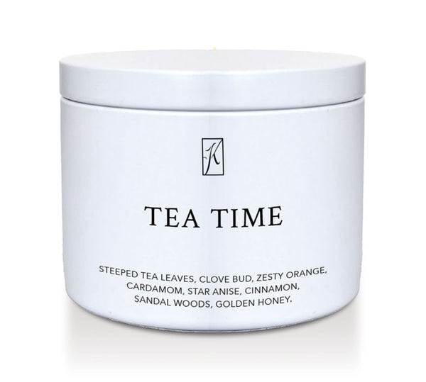 White tin container with 'Tea Time' text on a white background.