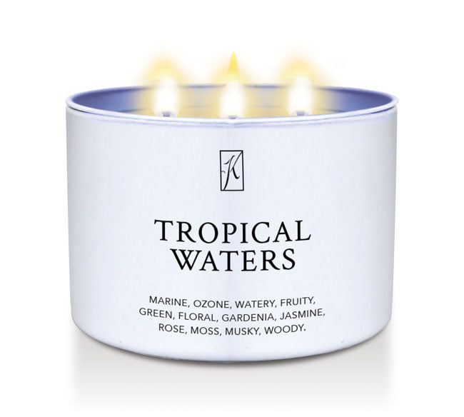 Tropical Waters candle in a white tin  container with a logo on a white background by Kringle Candle.