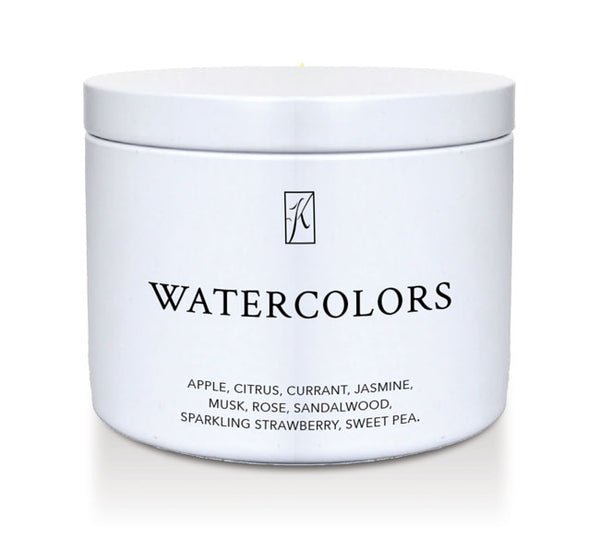 White container labeled 'Watercolors' with fragrance notes on a white background
