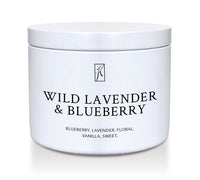 White tin candle container with 'Wild Lavender & Blueberry' text on a white background