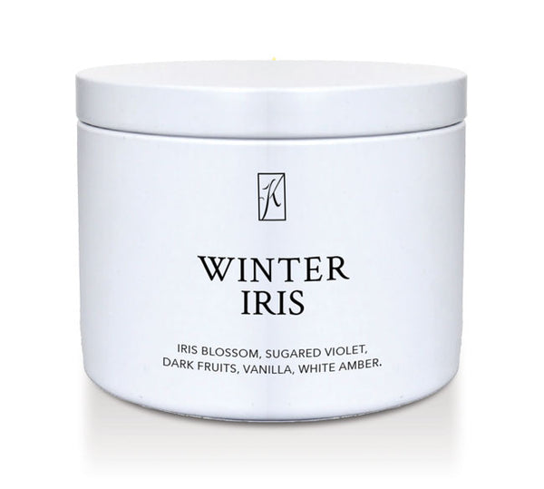 White container of 'Winter Iris' fragrance with a logo on a white background