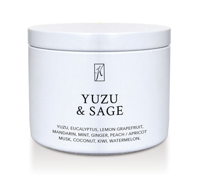 Yuzu & Sage Scented Candle Tin on a white background by Kringle Candle