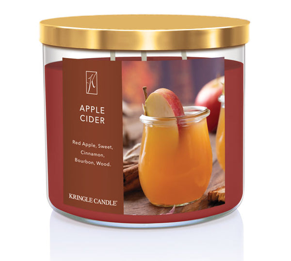 Kringle Candle Apple Cider candle with a gold lid on a white background